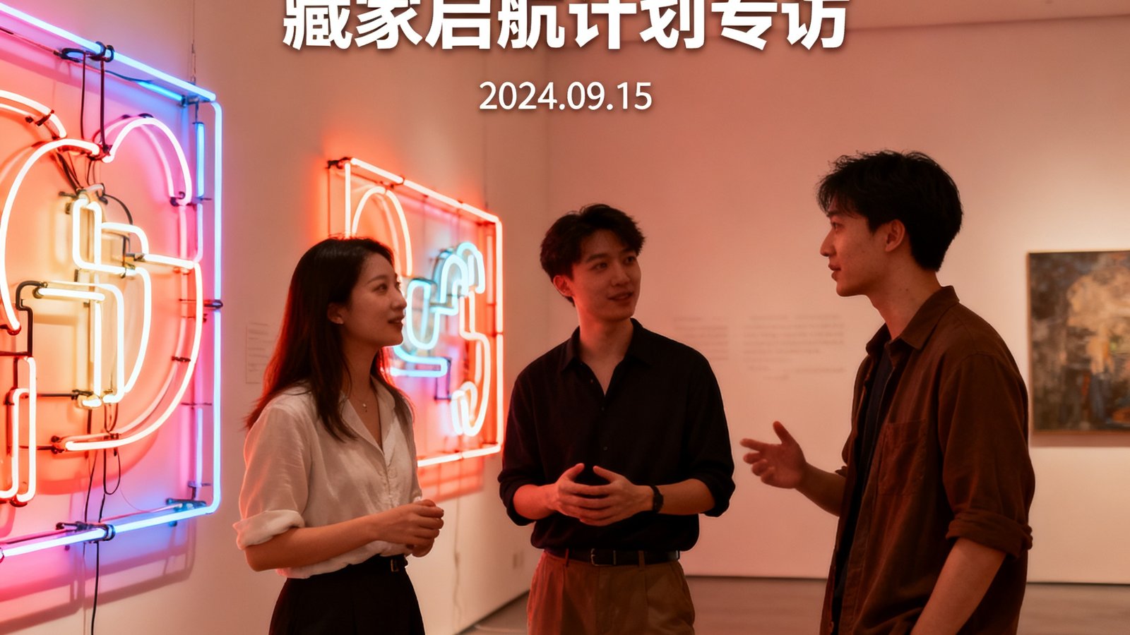一张巴比伦贵宾会青年藏家启航计划专访配图，三位年轻藏家在现代艺术画廊中交谈，墙面是霓虹灯装置艺术作品