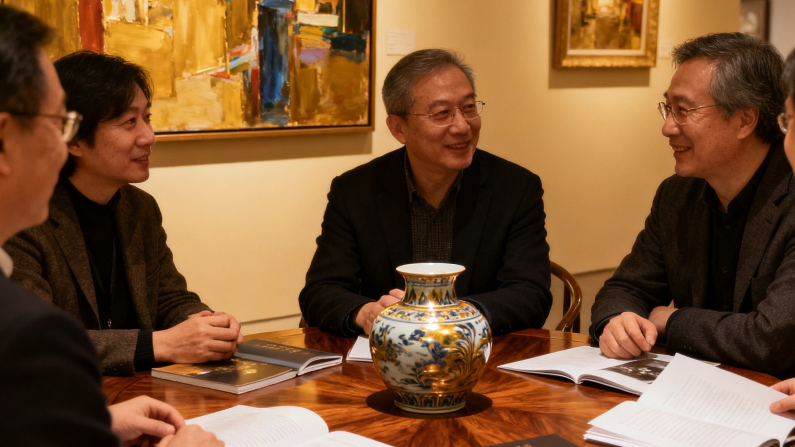 一张展示私人收藏家定制沙龙内部场景的照片，暖金色灯光下几位藏家围坐在胡桃木圆桌旁，墙面上悬挂着当代油画作品，桌面摆放着古董瓷器与品鉴手册