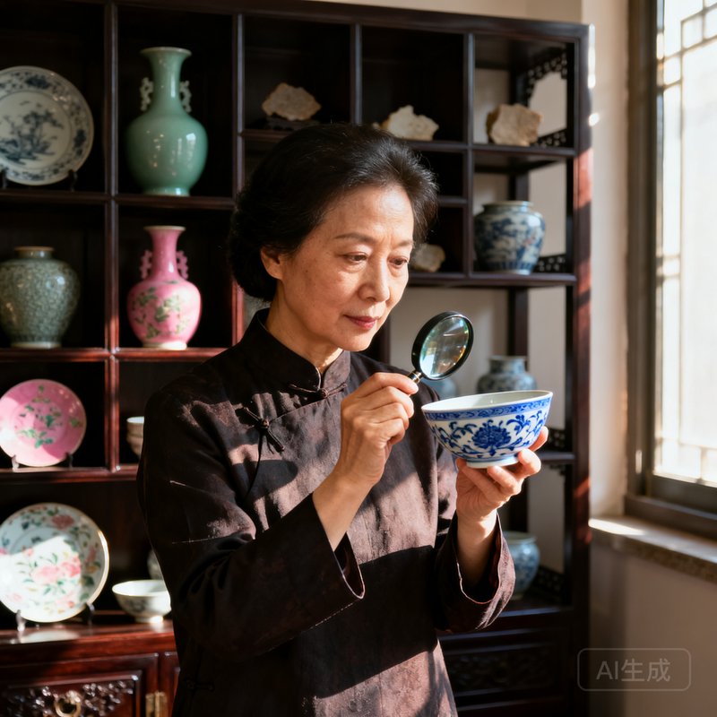 一张巴比伦贵宾会瓷器鉴定专家林婉清女士的肖像照，她手持放大镜正在端详一件青花瓷碗，身后的博古架上陈列着各式明清瓷器标本